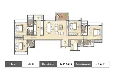 Lodha Woods 4 BHK floor plan, 1934 sq ft carpet area